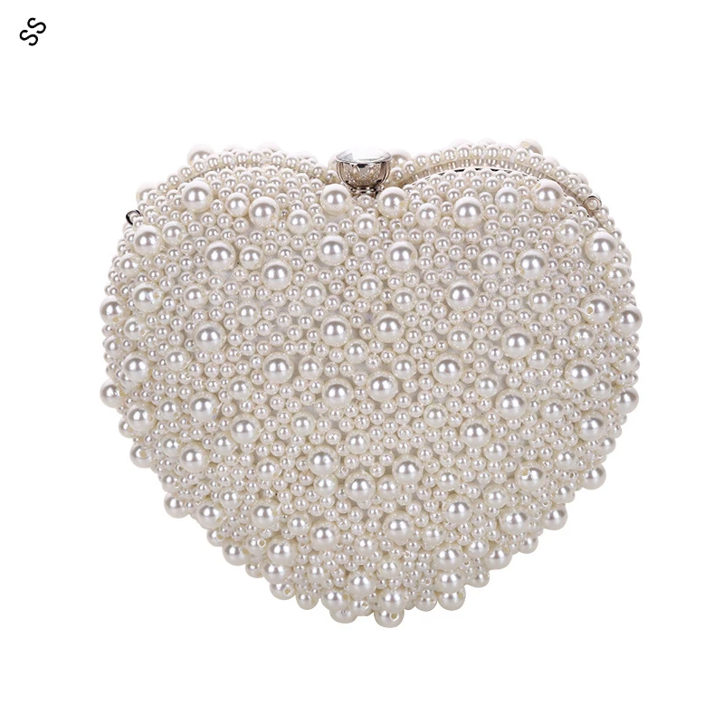 Heart Design Full Pearl Handmade Fashion Clutch Single Chain Crossbody Bag Handbag Woman