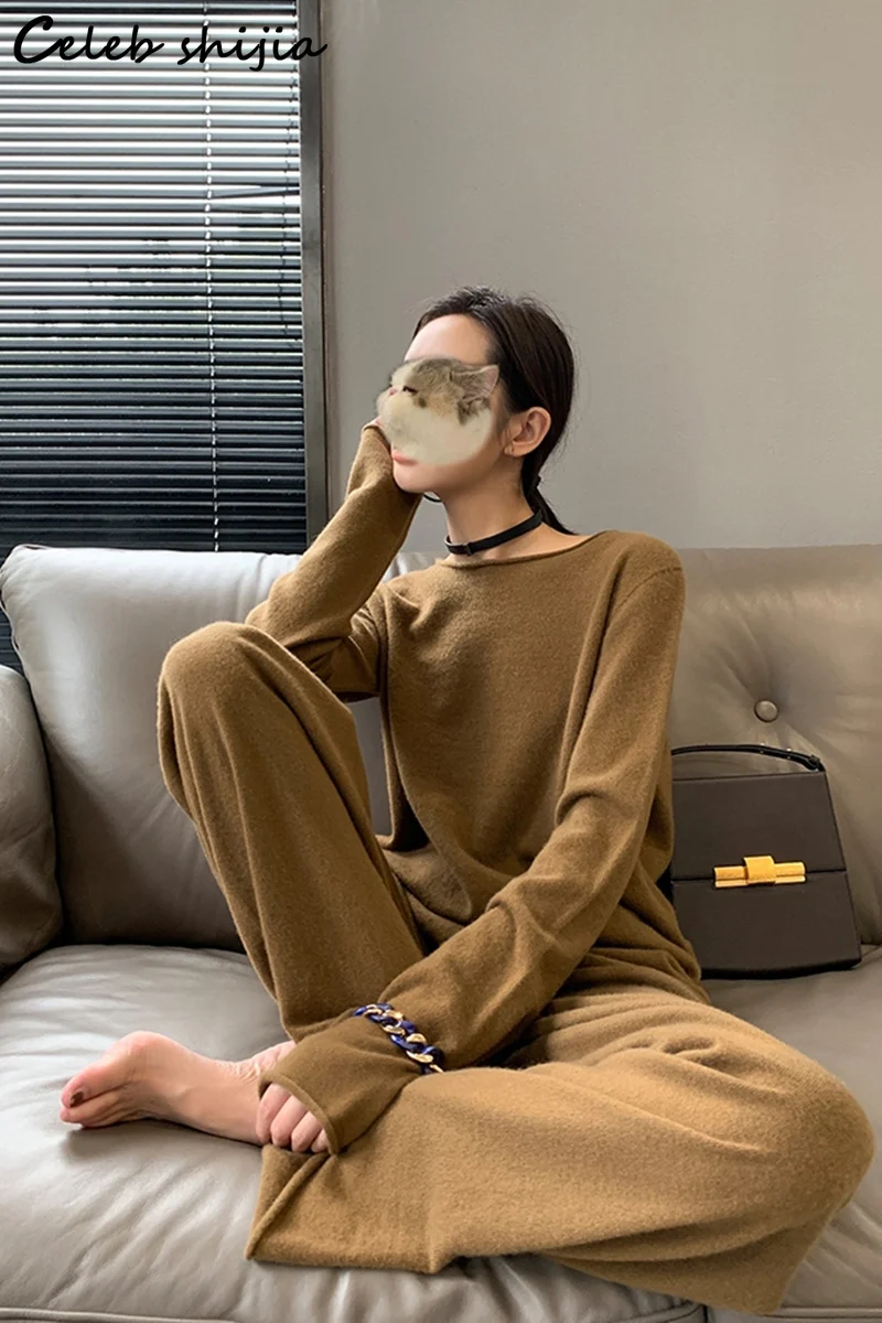 New Cashmere Pants Sets Woman Oversized Sweater and Elastic Waist Pants Autumn Winter Elegant Wool 2 Piece Sets Female OL