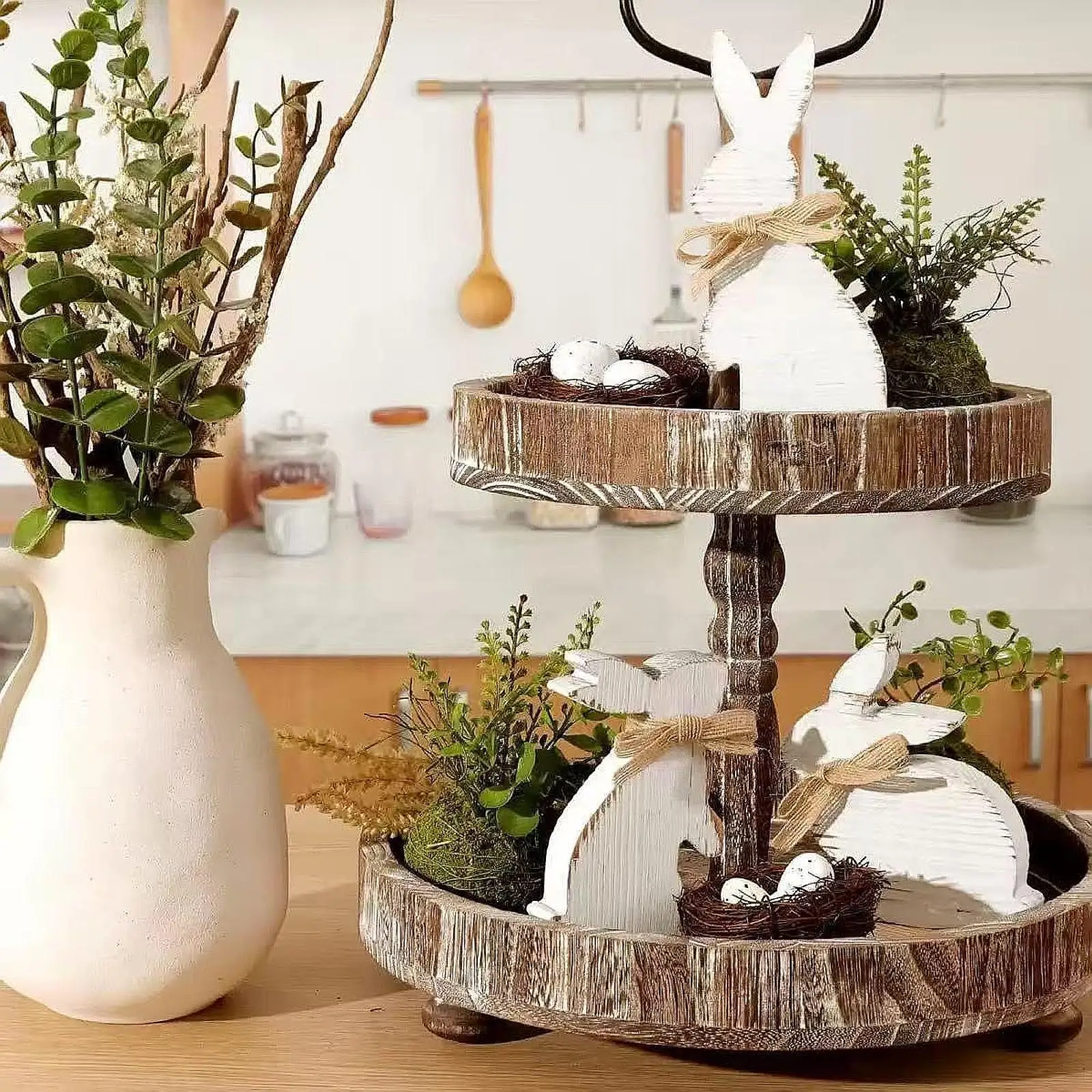 3Pcs Wooden Bunny Signs Easter Table Decorations Indoor Gift Tiered Tray Decor for Holiday Party Office Dining Room Bookshelf