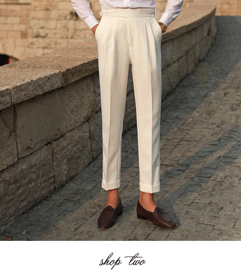 Khaki Fashion Mens Dress Pant High Waist Straight Pants Men Fall Business Versatile Belt Trousers Gentleman Paris Button Pants blazer for men wedding