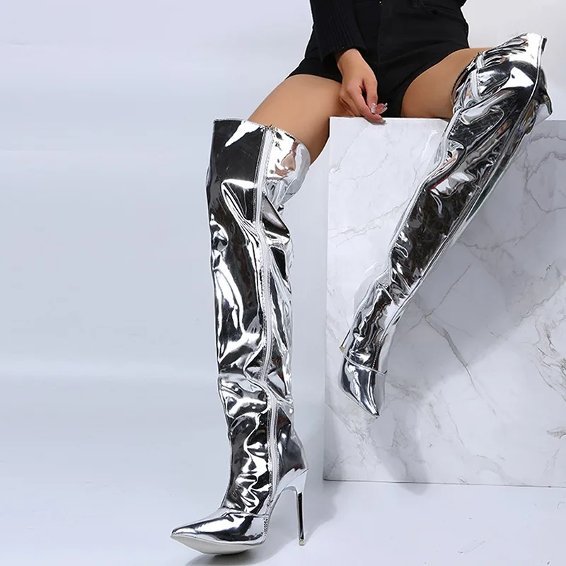 

Sexy Silver Mirror Thigh High Boots Women T Show Pointy Toe Club Party Shoes Thin High Heels Over The Knee Long Boots For Women