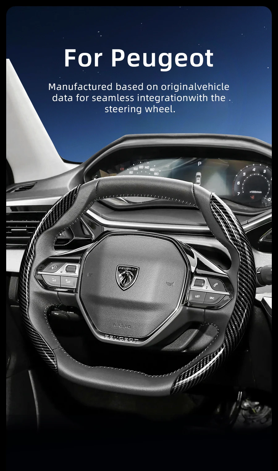 Passend für Peugeot Carbonfaser-Textur Lenkradbezug mit segmentiertem Schnellverschluss-Design, langlebig, für Modelle wie 208 E-208, 2008 E-2008, 3008 E-3008, Partner, Rifter, 308 E-308, 408, 408X, 5008, usw. – Detail 1