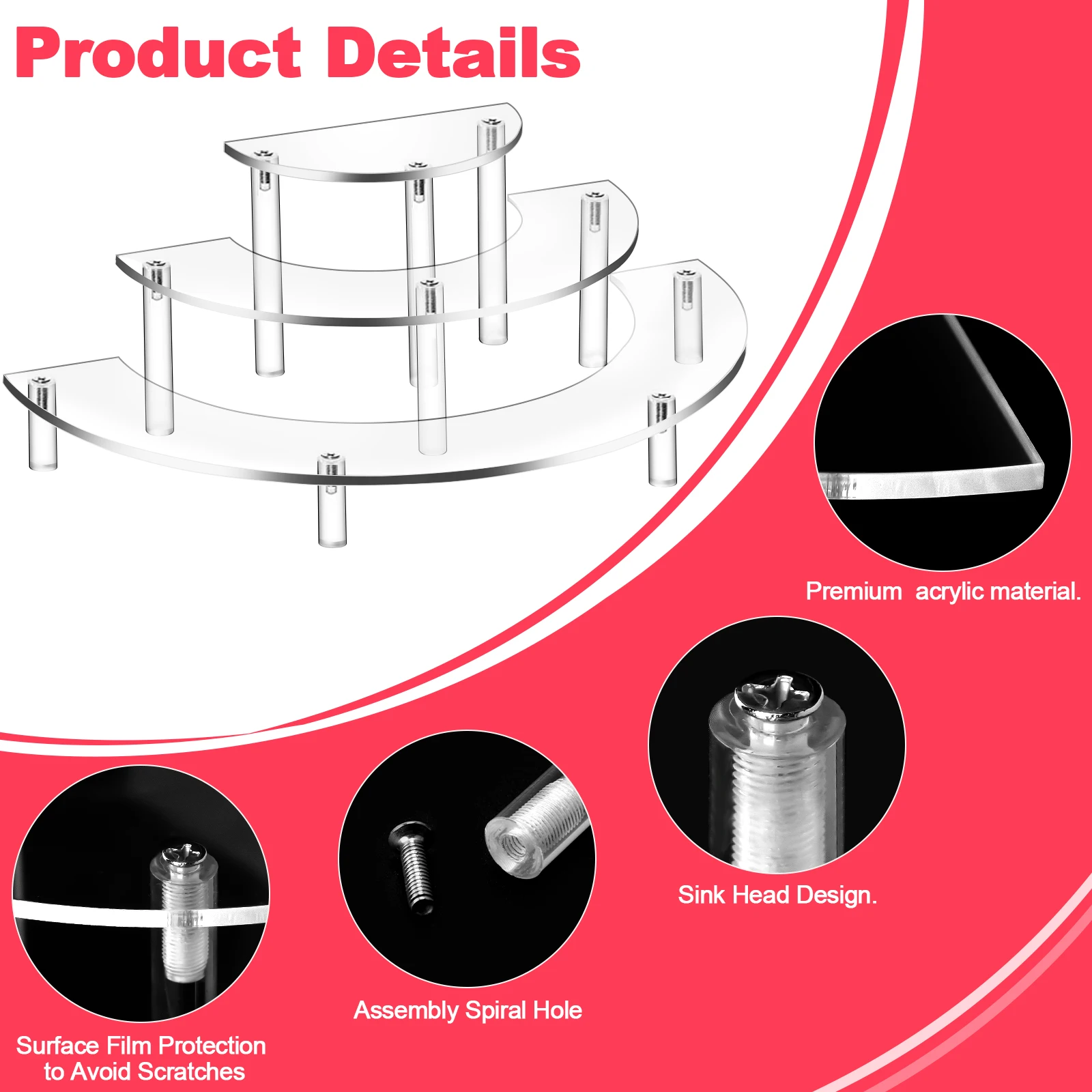 4pcs Half Moon Display Holder Multifunction Acrylic Risers Holder Fixed Securely Space-saving for Wedding Home Birthday Party