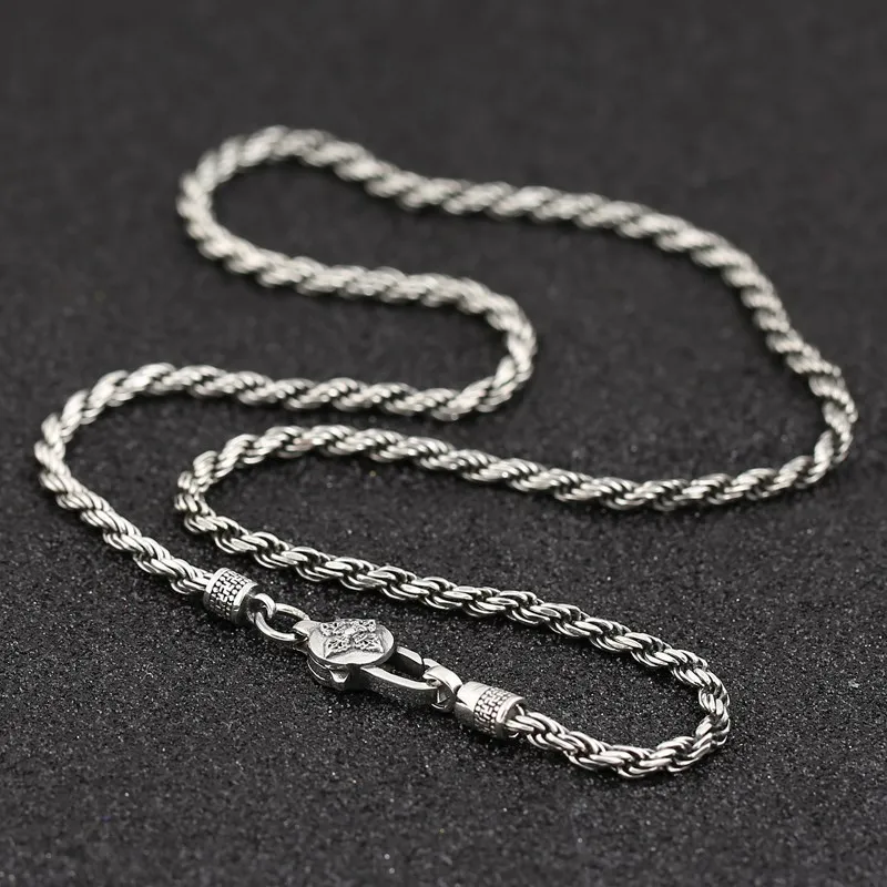 

925 sterling silver jewelry handmade Thai silver hemp rope necklace for men Vajra Women's Sweater Chain Long Silver Chain