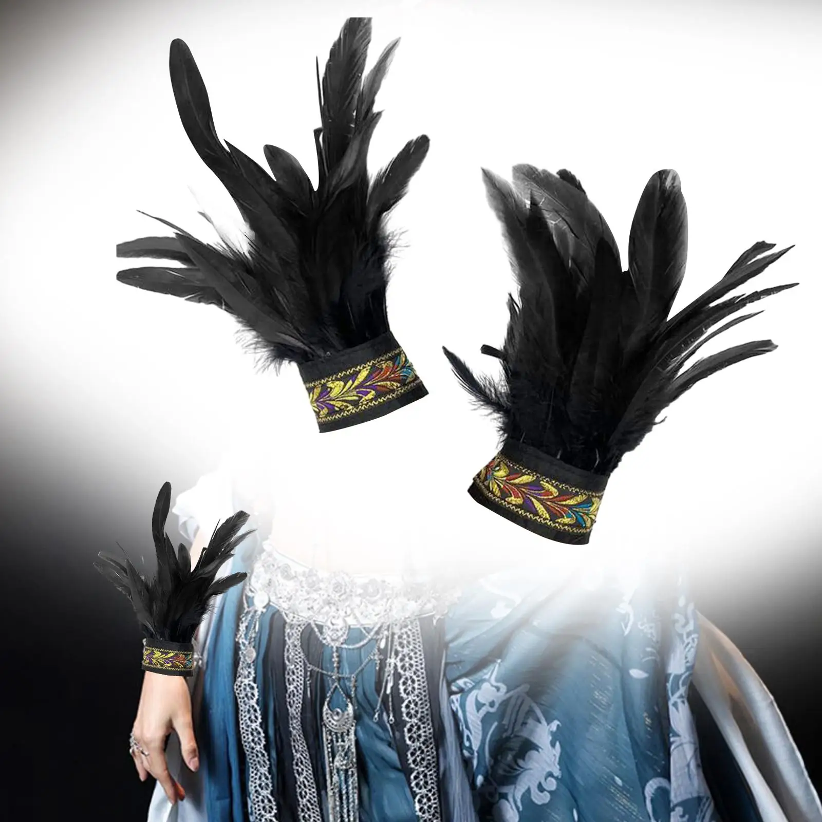 Polsini in piuma scaldamuscoli gotici guanti in piuma cinturino floreale per costumi Cosplay di Halloween festa in maschera