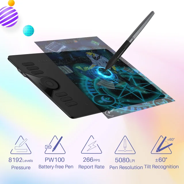 HUION HS610 Drawing Tablet Graphic Tablet with Battery-Free Stylus 8192 Tilt Function 10x6.25 Compatible Windows/Mac/Android 4