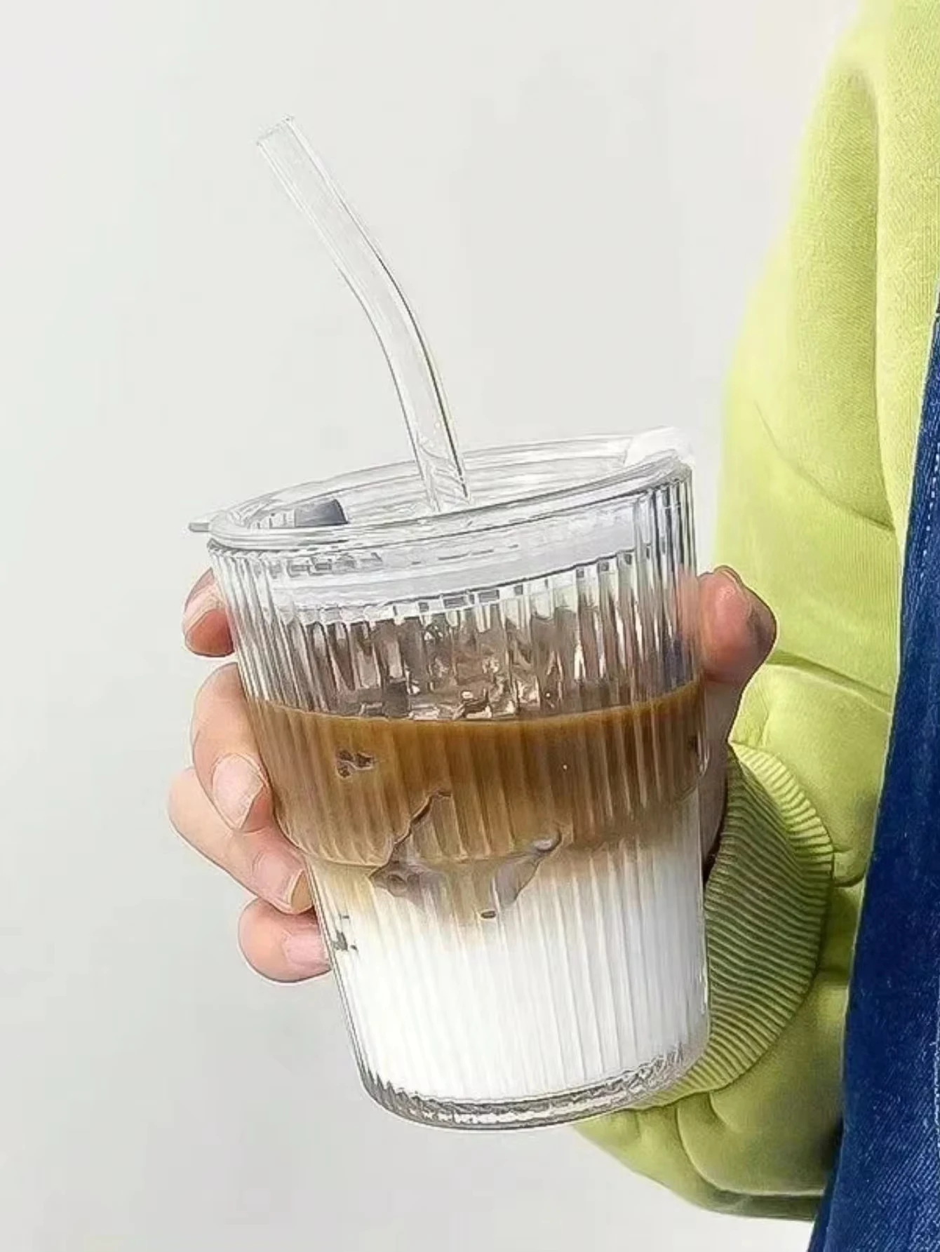 Glass Cup 1/2PCS 450ml Stripe Transparent With Lid and Straw Ice Coffee Mug Tea Cup Juice Glass Milk Water Drinkware