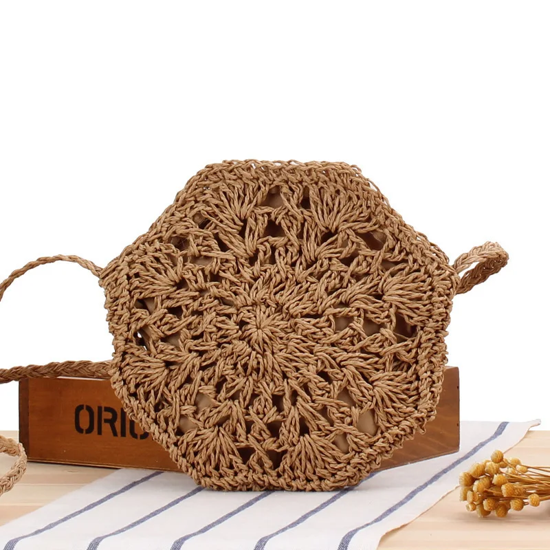 New simple octagonal hollow slung straw bag hand-woven bag summer vacation beach bag
