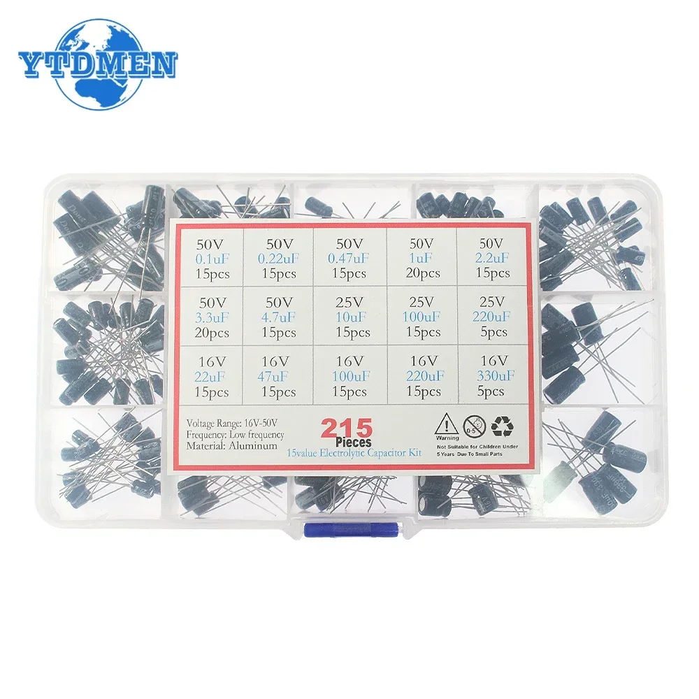 120/215pcs DIP Electrolyte Capacitor 16V 25V 50V Aluminum Electrolytic Capacitors Kit 1uF-470uF/0.1uF-330uf Capacitance with Box