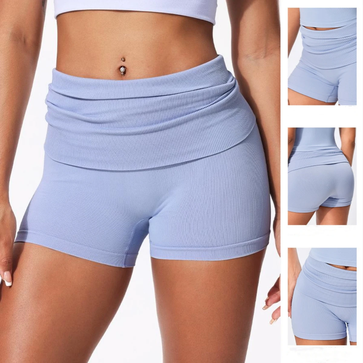 new folded waist yoga shorts women's seamless hip lift yoga three-point pants sports fitness running leggings