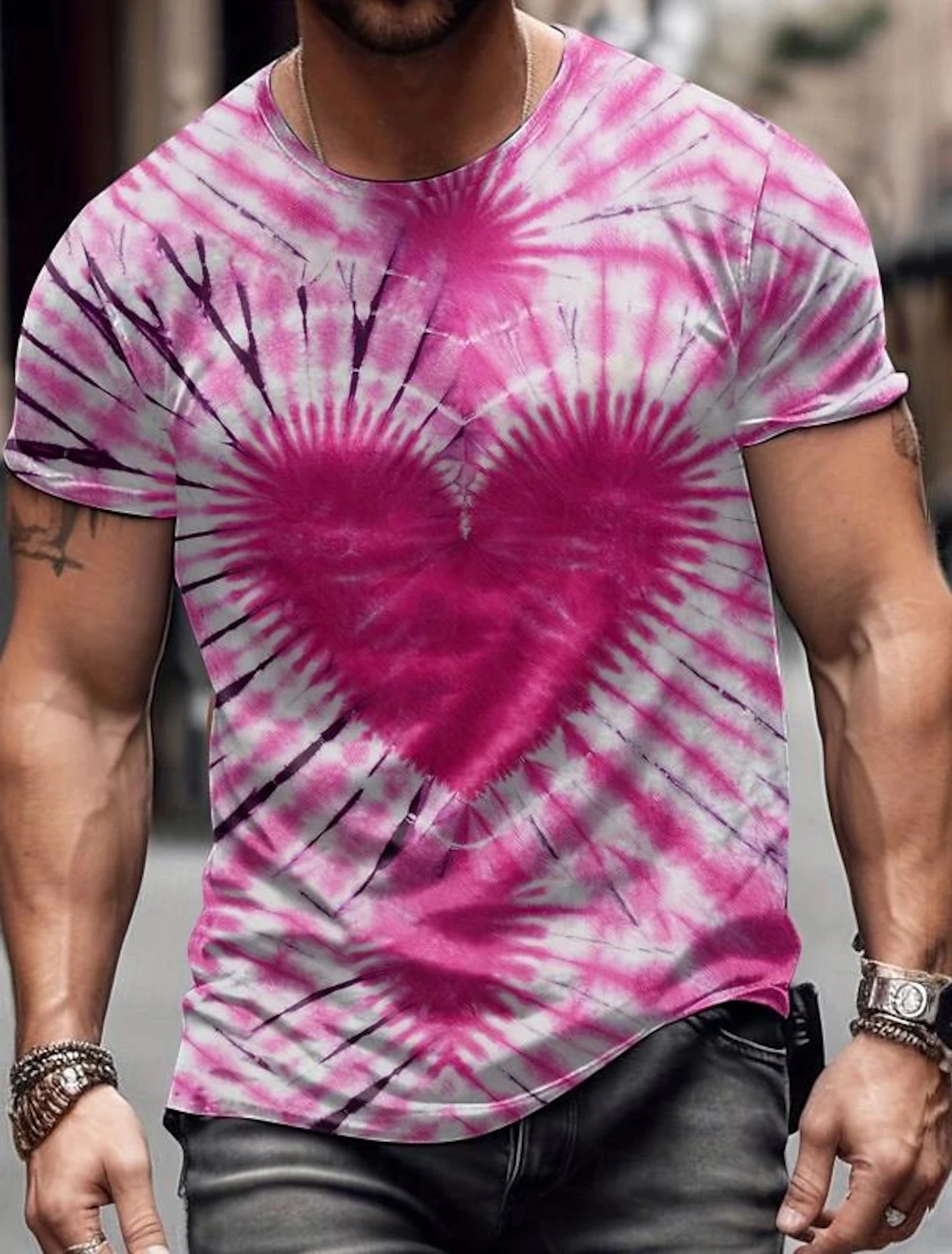 

Heart Daily Casual Men's 3D Printed T-shirt Sports Outdoor Vacation T-shirt Pink Short Sleeve Round Neck Loose Clothing