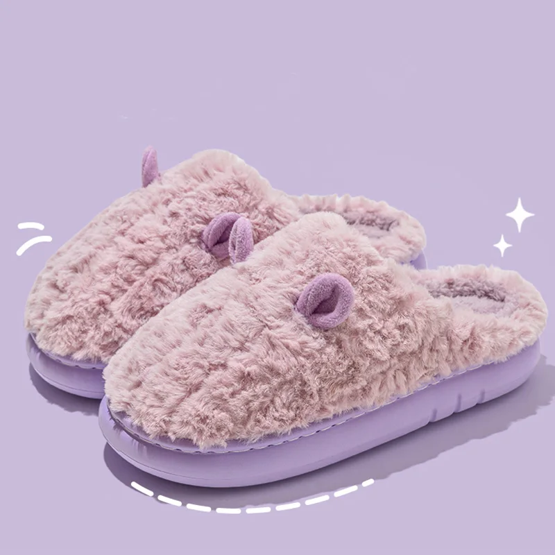 Sweet Soft Sole Plush Slippers Women Winter Cute Thick Bottom Flurry Slippers Woman Indoor Warm Anti Slip Home Shoes Ladies