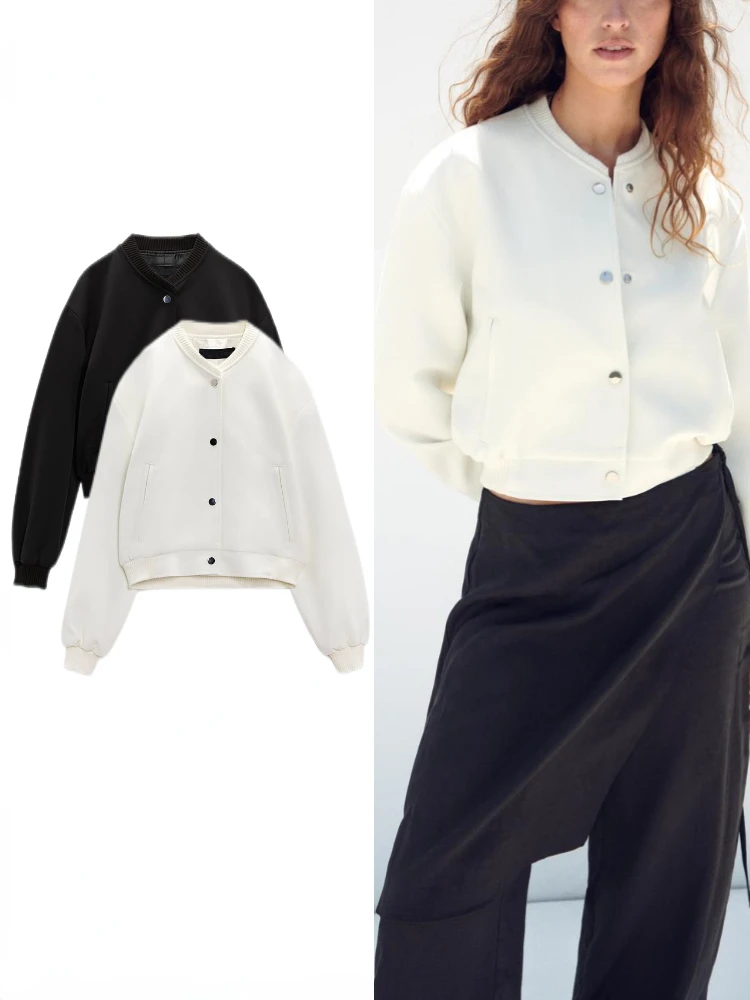 

Женская Осенняя новая укороченная куртка-бомбер с декоративными пуговицами, пальто с круглым вырезом и длинными рукавами, пальто с накладными карманами, шикарная женская верхняя одежда