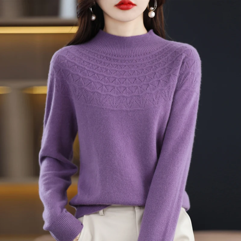 Women's Autumn And Winter First-line Half Height Knitted Sweater 100% Wool Sexy Hollow Out Versatile Top Fashion Pullover NJR 6