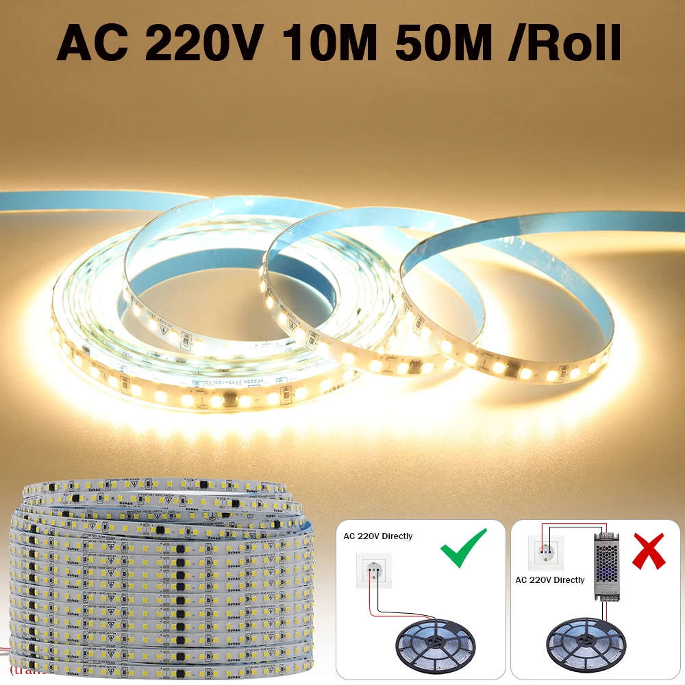 

10M 50M/Roll LED Strip AC 220V 240V NO Need Driver IP65 Waterproof 3000K 4000K 2835 120Leds/M Flexible Ribbon Rope Tape Light