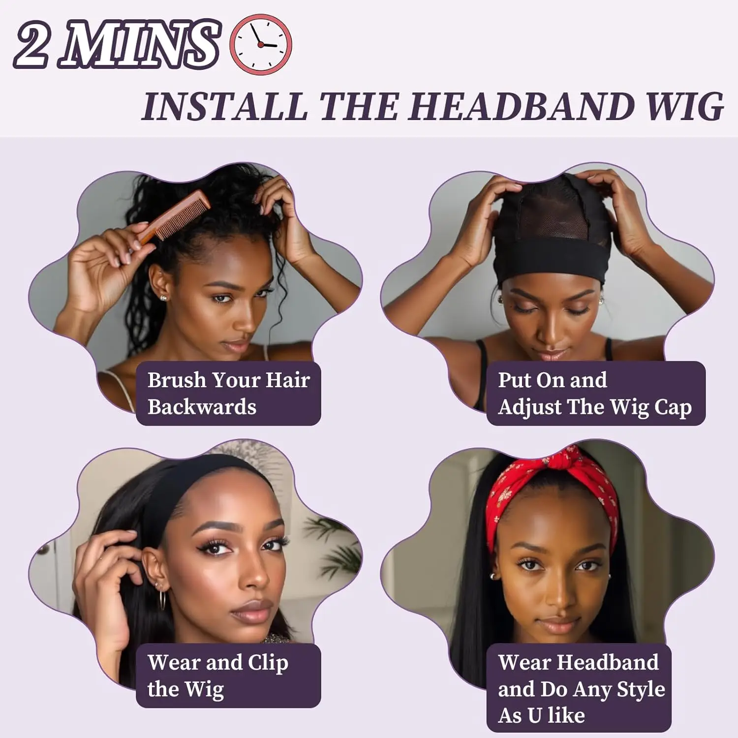 24 Inch Headband Wig Long Wavy Headband Wigs for Black Women 200% Density Human Hair None Lace Front Wigs