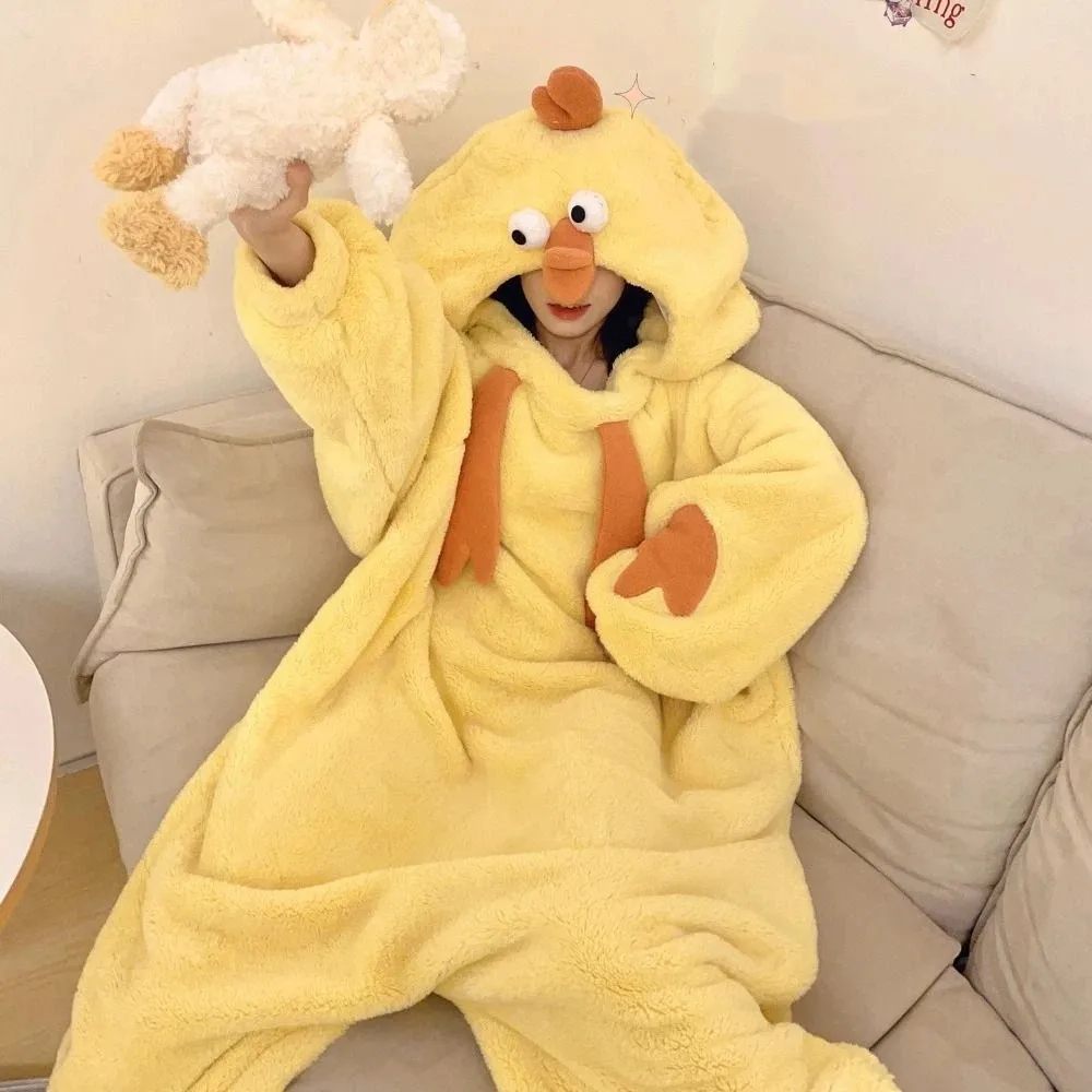 Jumpsuits Cartoon Chicken Pajamas Funny Home Wear Coral Fleece Nightwear Long Sleeve Plush Warm Cute Sleepwear Women Women
