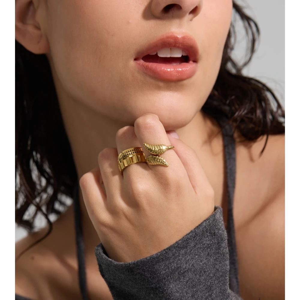 Yhpup Adjustable Stainless Steel Leaf Ring Gold & Platinum Plated