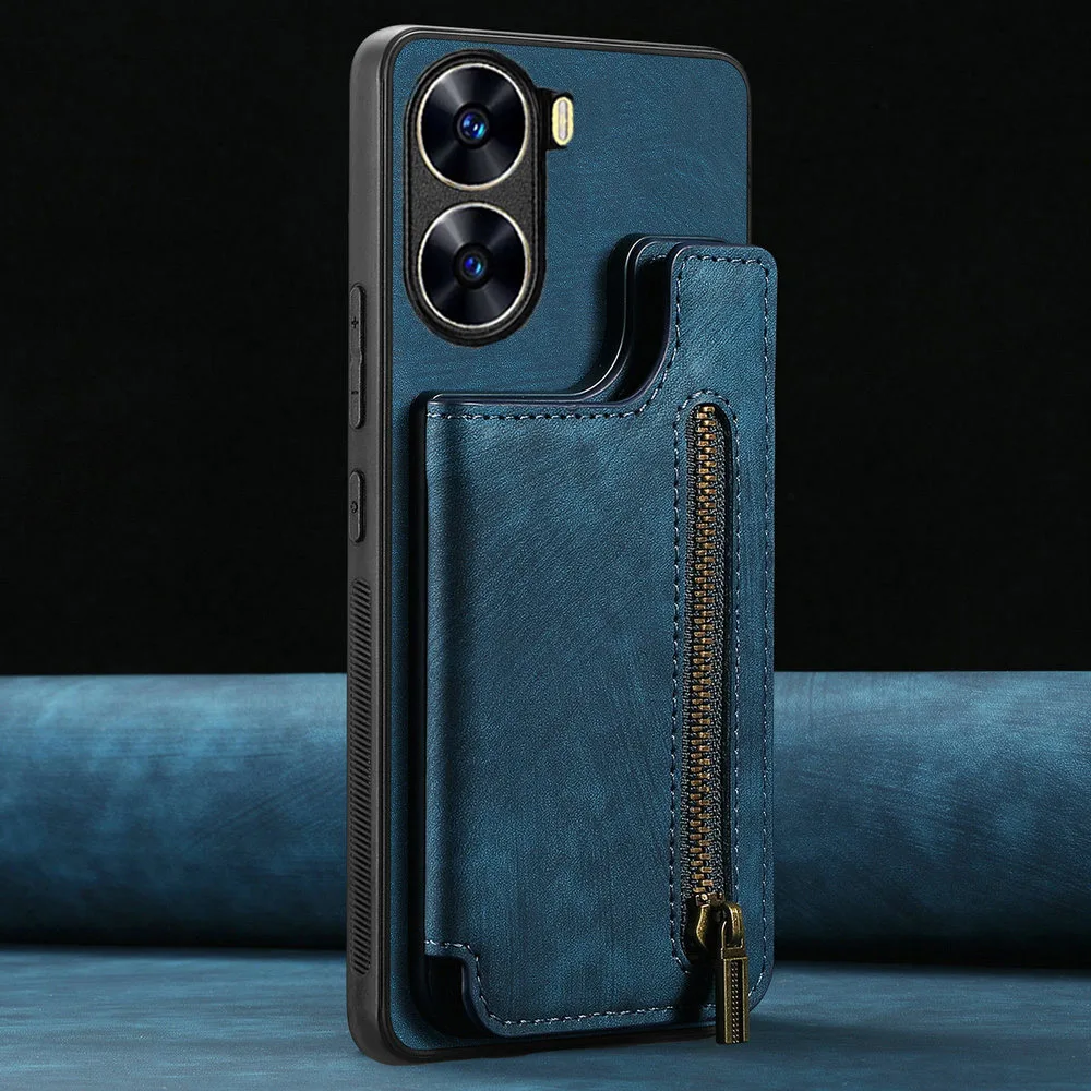 Zipper Leather Card Case with Magnetic Phone Holder and Back Cover