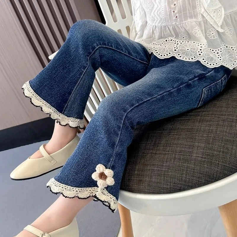 Primavera Ragazza Boot Cut Denim Pants Toddler Baby Girl Bell Bottom Jeans Con Fiore 2-10 Anni Bambini Stretch Jeans3 4 5 6 7 8