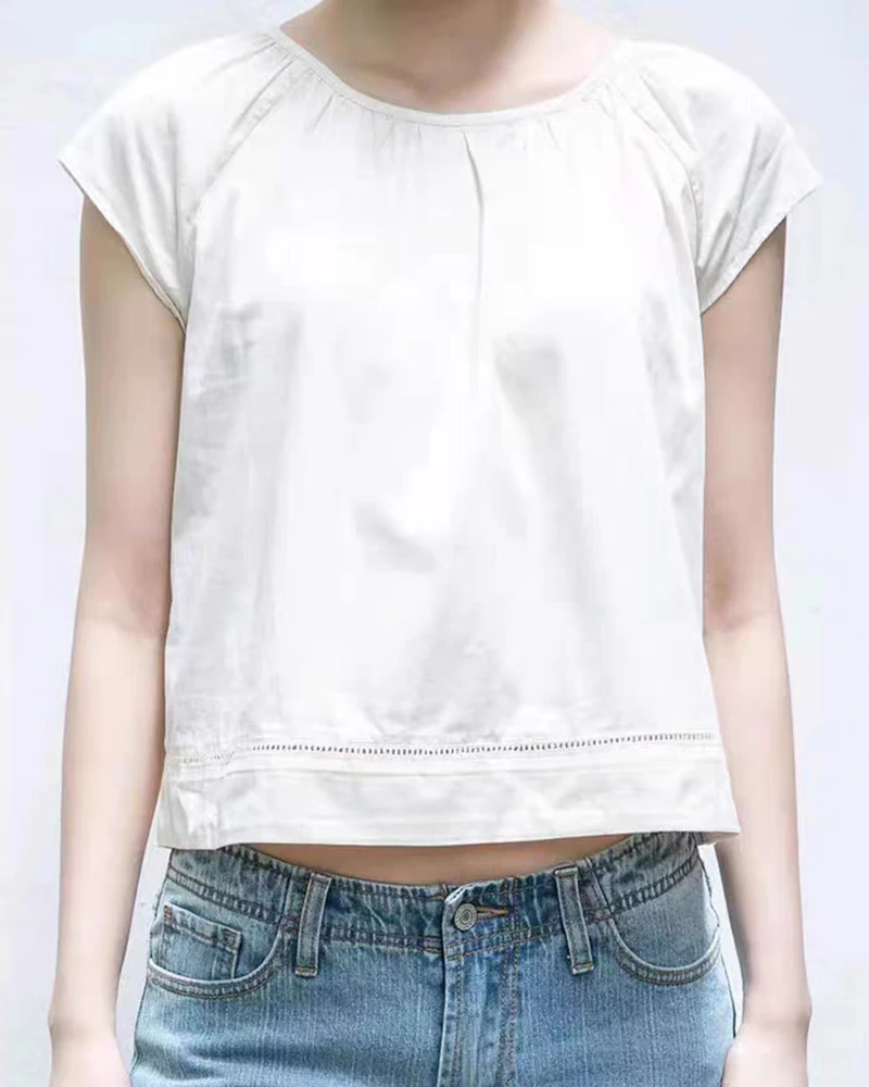 

Casual Women Beige Cotton Tees Women Summer Button Round Neck Short Sleeve T-shirts Female Casual Harajuku Solid Crop Top 2023