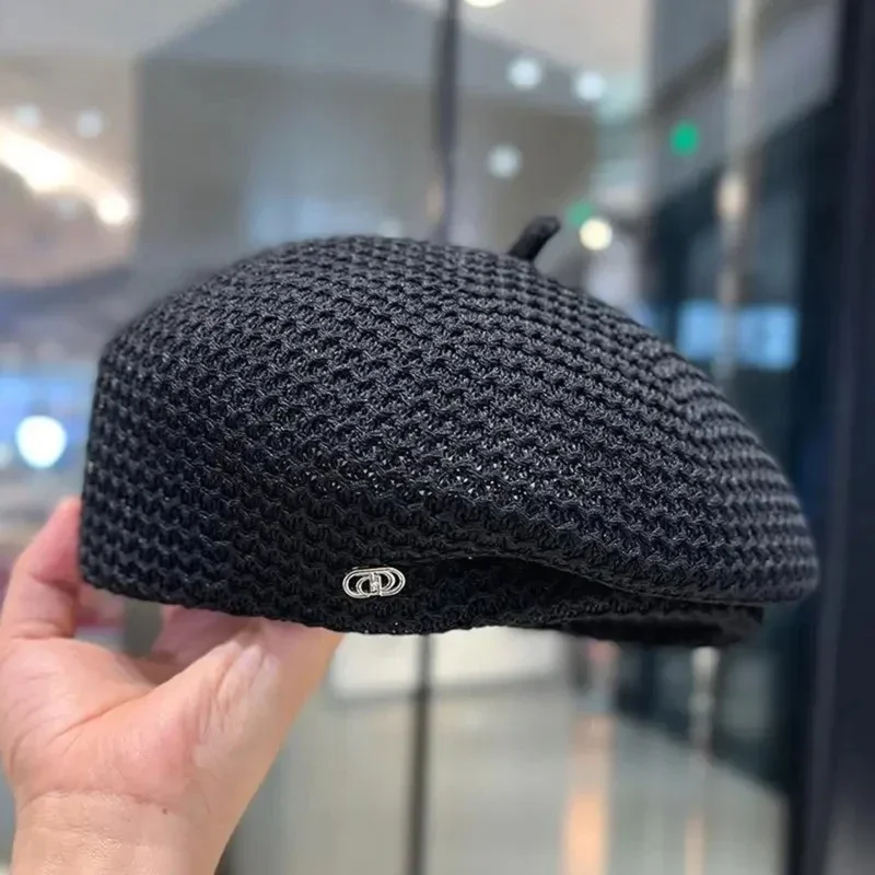 Women's Knit Beret Hat - Breathable Summer Straw Painter Style_voghion.com