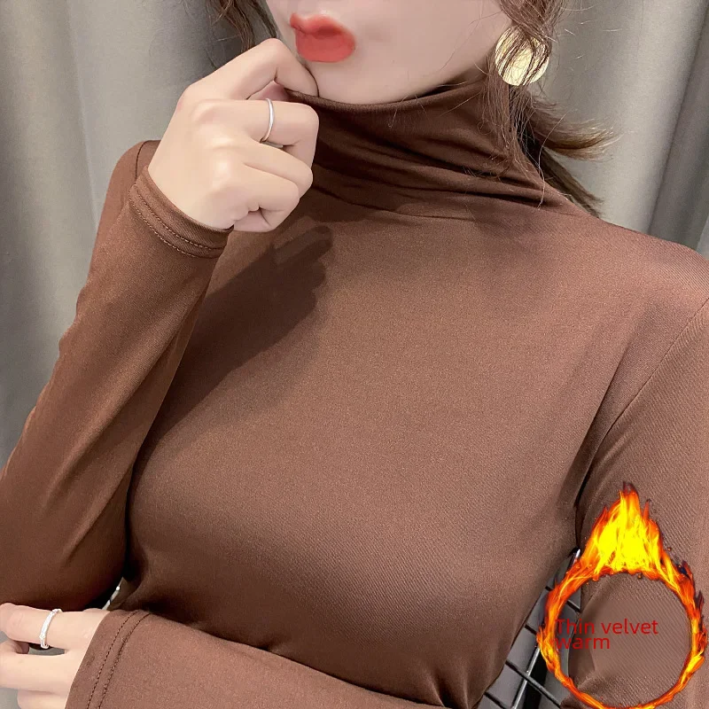 양털 안감 슬리밍 솔리드 컬러 여성 탑 가을/겨울 다목적 긴 소매 폴로/터틀 넥 베이스 레이어 탑