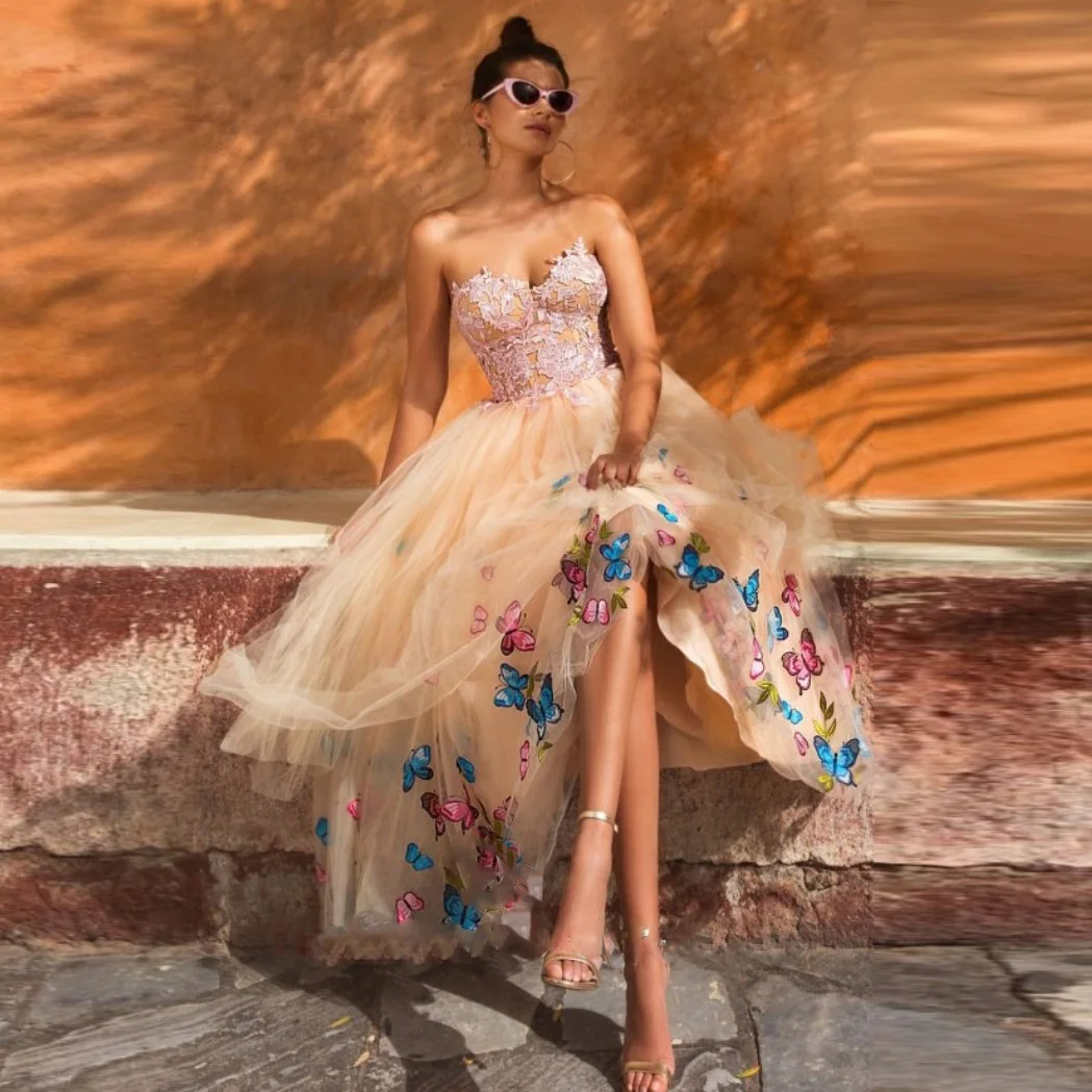 Strapless Women's Dress Applique Evening Dresses Butterfly Prom Dress