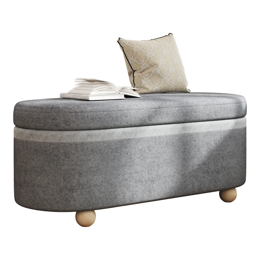 PINGGO Graue Fleece-Aufbewahrungsbank mit Holzbeinen und offenem Deckel 110x41x47cm für Wohnzimmer, Flur, Schlafzimmer – Detail 12