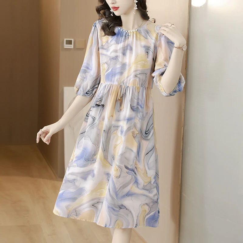 

2023 Summer Women's Vacation Style Silk Short Sleeve Dress O-Neck Printed Mulberry Silk Loose Size Slim Long Dress Robe