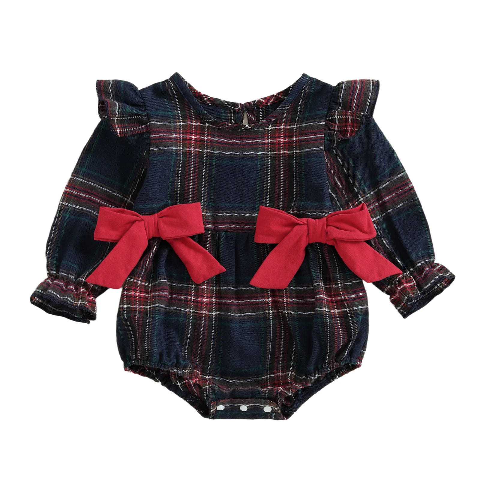 Baby Girls Rompers Plaid Bowknot Decor Round Neck Long Sleeve Infant Fall Bodysuits Jumpsuits