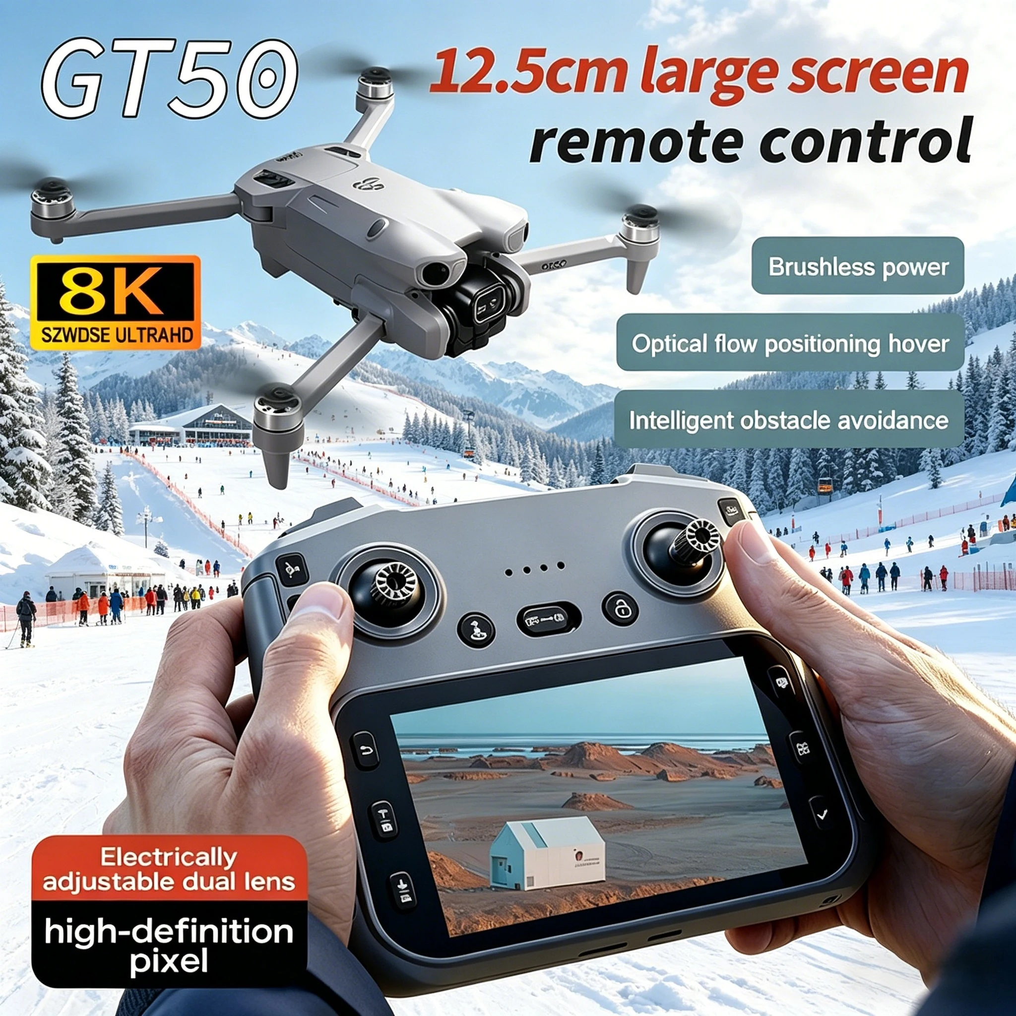 Drone Professionnel GT50 PRO MAX 8K HD WiFi avec Double Caméra et Moteur Sans Balais survolant un paysage urbain au coucher du soleil.