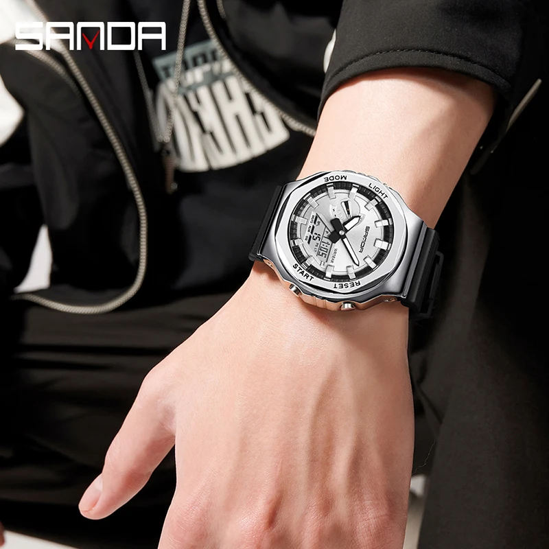 Sanda Brand New Men Watches Dual Display Electronic Waterproof Sport Watch Breathable Strap Fashion Luminous Outdoor Wristwatch