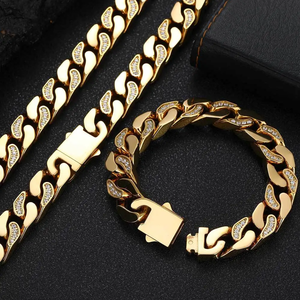 

Hiphop CNC Half Diamond 12mm Stainless Steel Necklace with Four Sides Grinding Zircon Cuban Chain Titanium Steel Bracelet