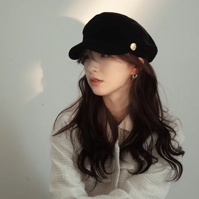 Autumn And Winter New Fashion Black Velvet Navy Cap Women's British Retro Hundred With Flat-Top Newsboy Hat