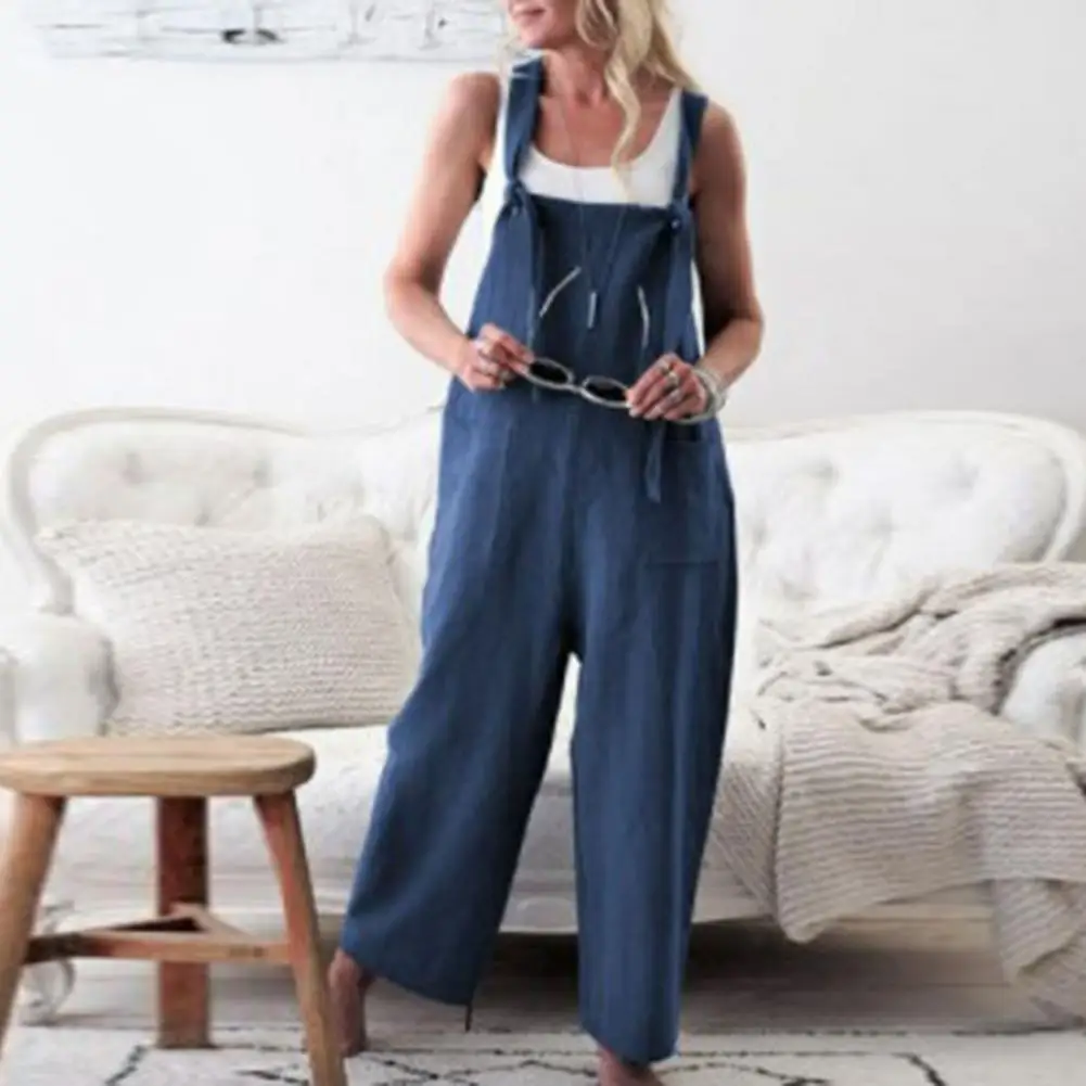 

Rompers 2020 New Brand Women Casual Loose Cotton Linen Solid Pockets Jumpsuit Overalls Wide Leg Cropped Pants Hot