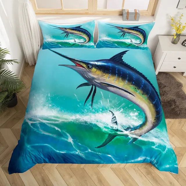 Swordfish Green Ocean Duvet Quilt Cover Queen Marine Fish Bedding Set  Pillowcase