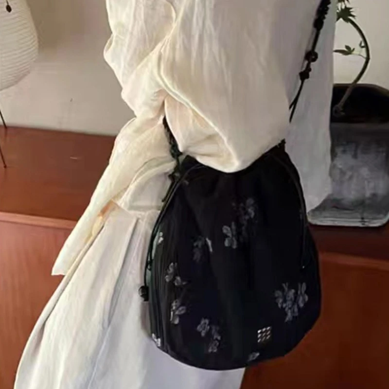 Women Drawstring Crossbody Bag Wovens Beaded Shoulder Bag Small Messengers Bag E74B