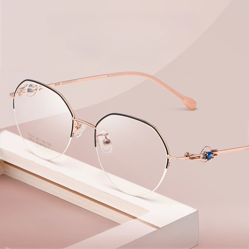 

49mm Half-Rim Glasses Female Ultra Light Glasses Alloy Gemstone Frame Myopia Hyperopia Prescription Customization -100 -125 -150