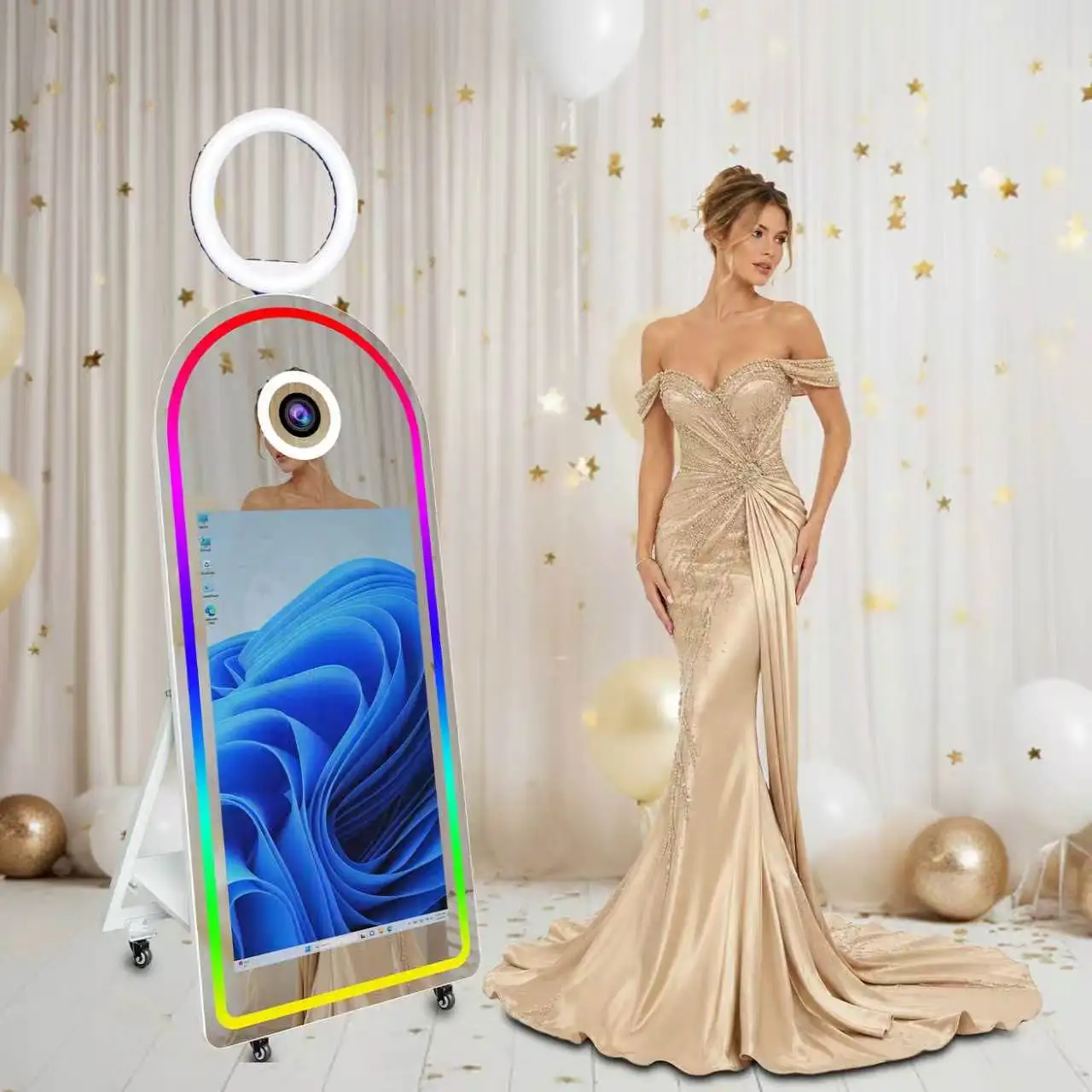 65" Magic Mirror Photo Booth Machine with 43" Touch Screen LED RGB Frame DSLR Camera Compatible for Wedding Party Event Rental