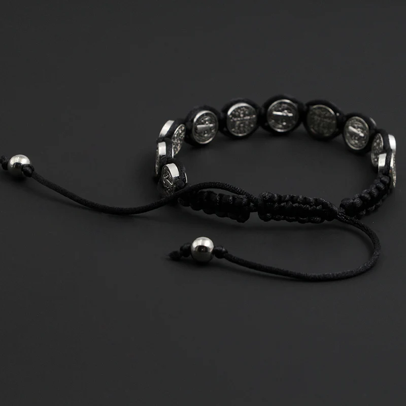 Braided Bracelet Handmade St. Benedict Medal Braided Rosary Coin Beaded Cross Bracelet