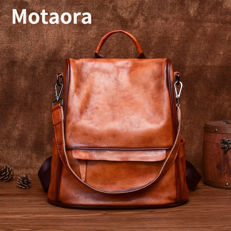 MOTAORA Vintage Large Capacity Women's Backpacks Anti Theft Genuine Leather Backpack Cowhide Woman Travel Luxury Bagpack Women 2