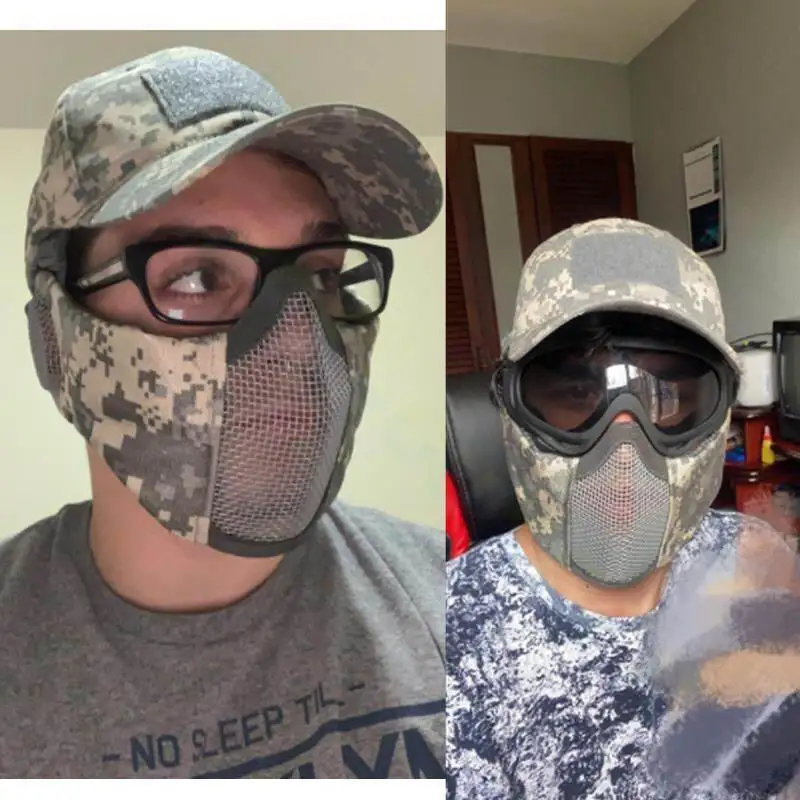Tactical Airsoft Military Mask Half Face Strike Metal Mesh Protective Skull Mask & Cap Ear protection Hunting Accessories tactical hat