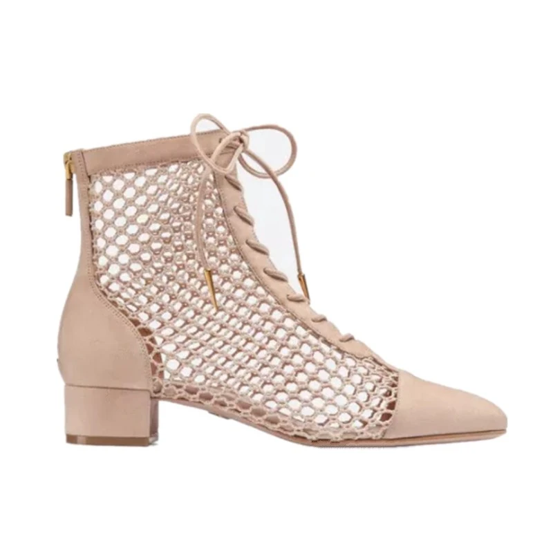 

MODX Summer Thick Heels Woman Boots Round m2 Toe Mesh Grid Cutouts Ankle Boots Lace-up High Heel Shoes Black Nude