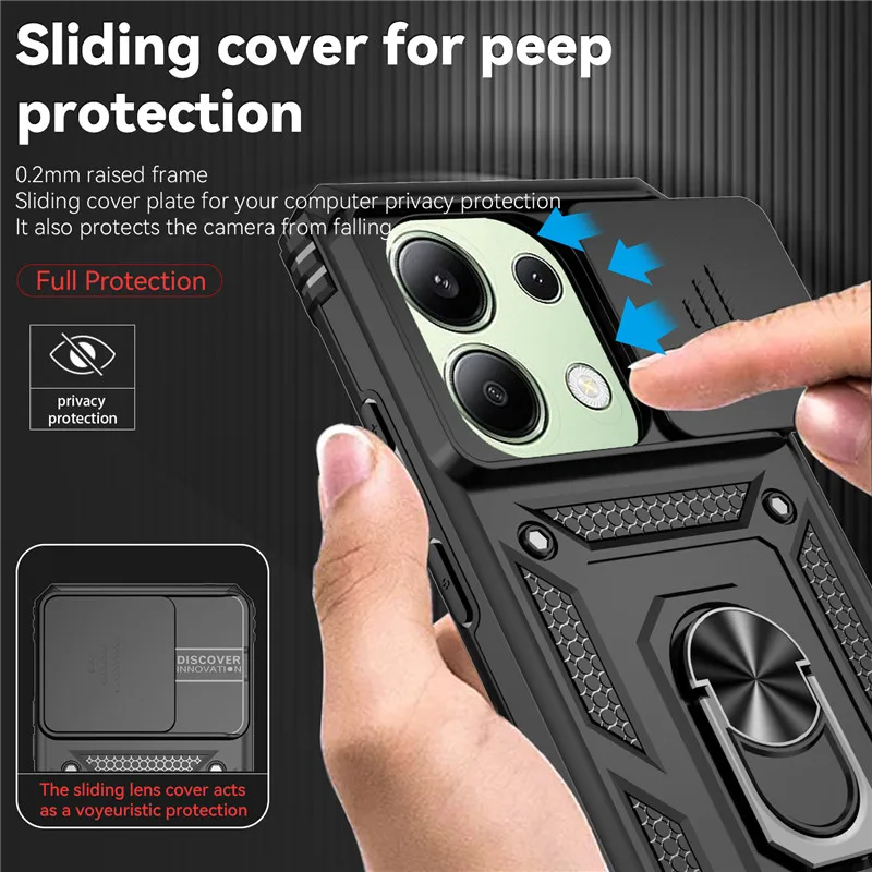 Phone case Slide Camera Lens Armor Phone Case for Xiaomi Redmi Note 13 5G Note13 Pro 13Pro 4G Car Magnetic Holder Ring Back Cover