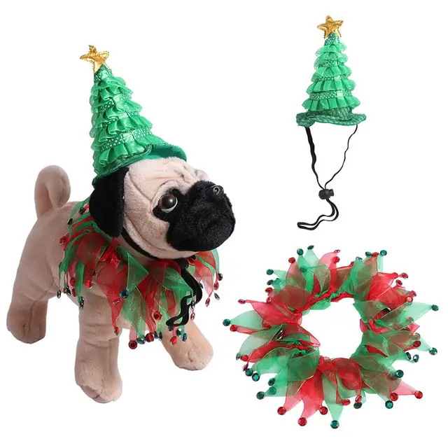 2Pcs Small Dogs Pet Christmas Costume Suit Elf Hat Elastic Strap Cat Tutu Collar and Hat Set Cosplay Gauze 4