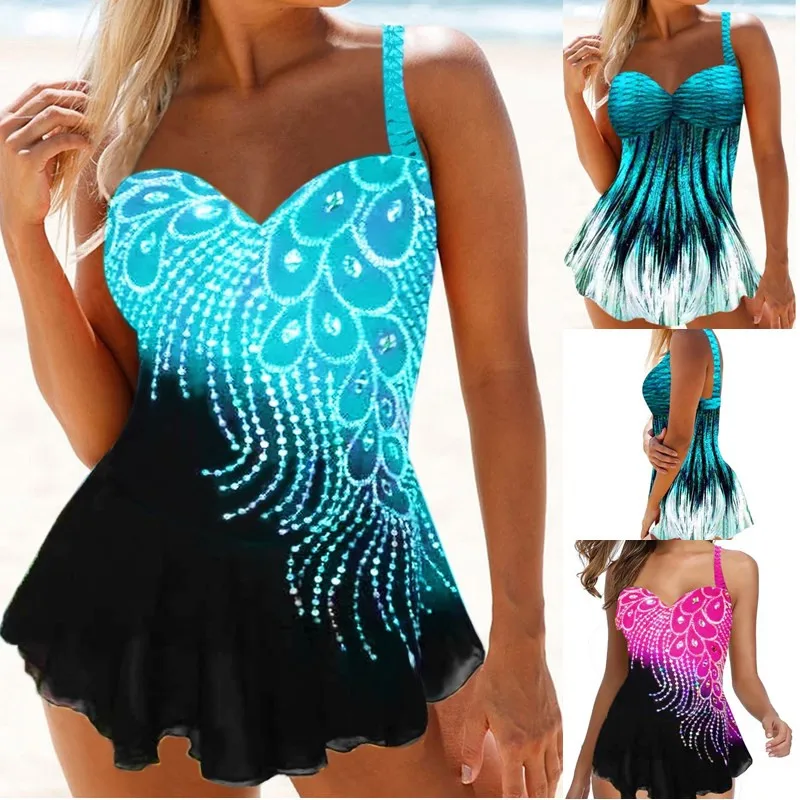 

Women Print Tankini Swimming Suits Backless Sling Two Piece Set Bikini Sets Beach Monokini Sexy Swimwear Swimsuits One Piece