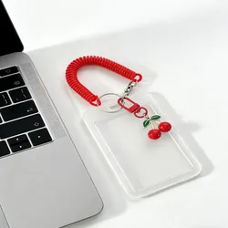Heavy - Duty Retractable ID Card Holder with Cherry Keychain and Wrist Strap - Transparent PVC with Safety Locking Mechanism (1 set)