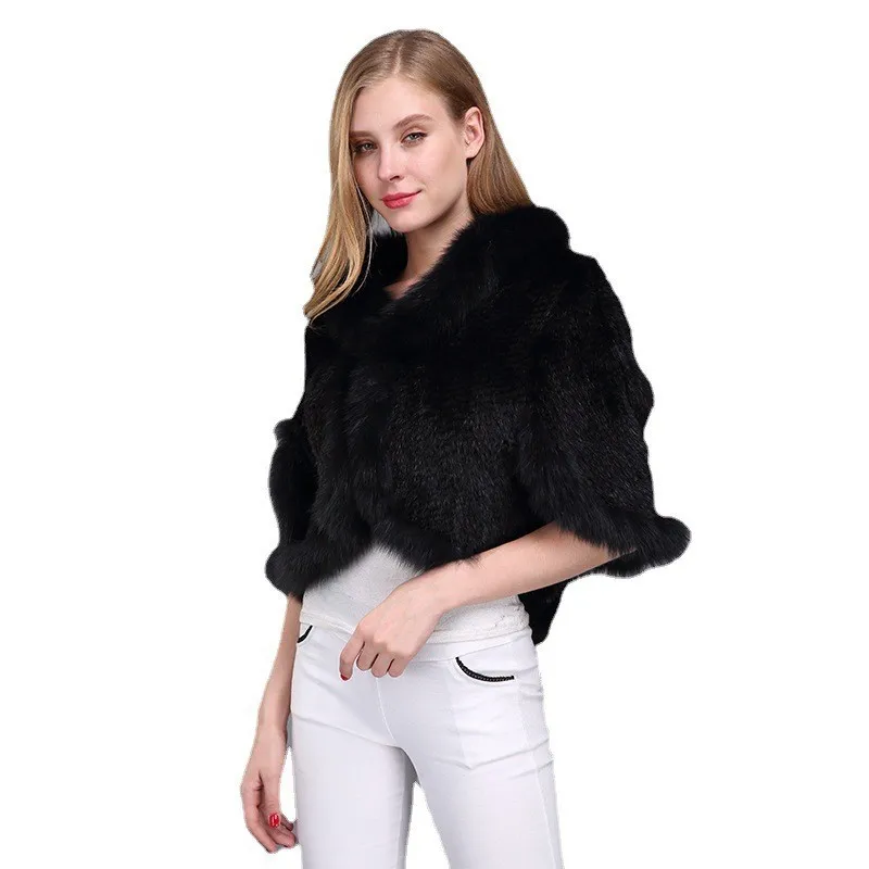 Women Natural Mink Fur Shawl Jacket Lady Knitted Mink Fur Scarf Shawl Lady Real And Fox Collar Poncho Coat