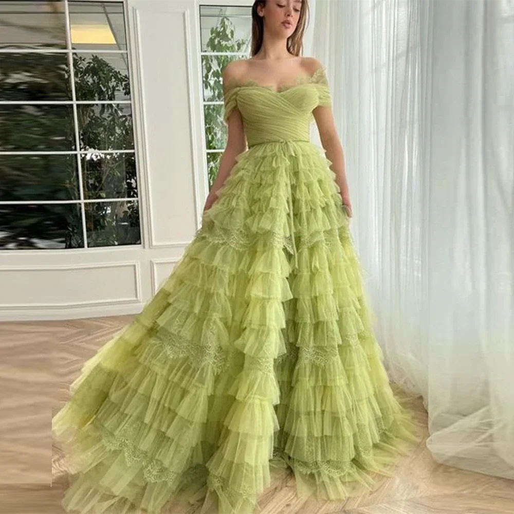 

Green A Line Tulle Evening Dresses Off The Shoulder Floor Length Ruched Tiered Ruffle Vestido De Noche Formal Dresses For Women